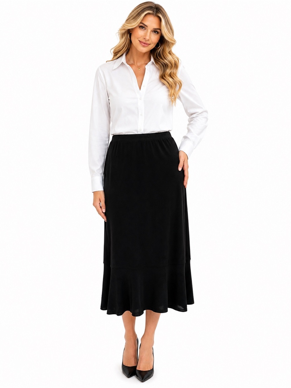 Chico’s Women’s Size 2 (L/12) Black Midi Skirt Flounce Hem Pull On